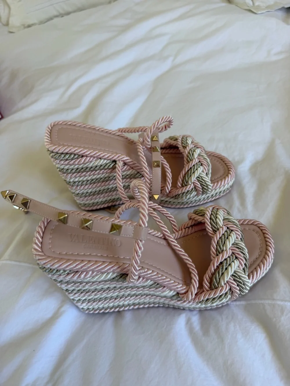 Valentino Pink Braided Rope Wedge Sandals with Gold Studs - Picture 2 of 8